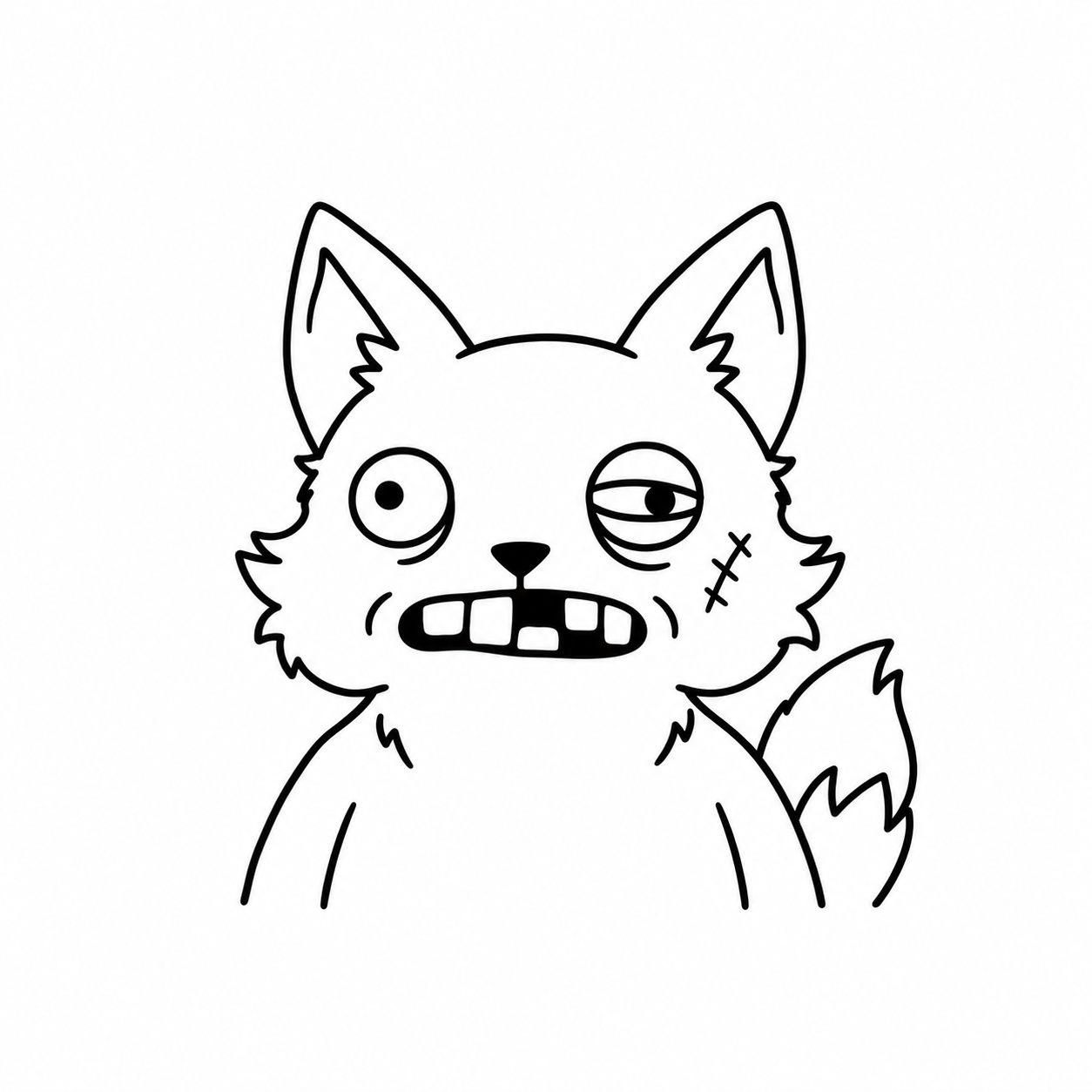 A profile drawing of the developer: a zombie fox in loose ink lines