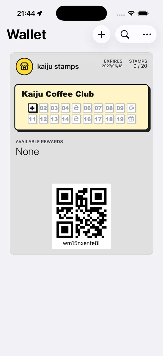 A Kaiju Stamps card saved in Apple Wallet